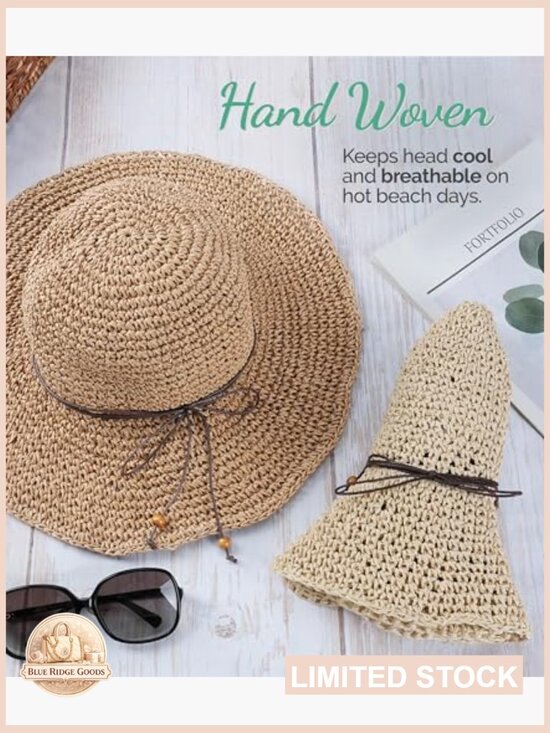 Floppy Crochet Straw Sun Hat Wide Brim Handmade Foldable Travel Beach Sun main image 7